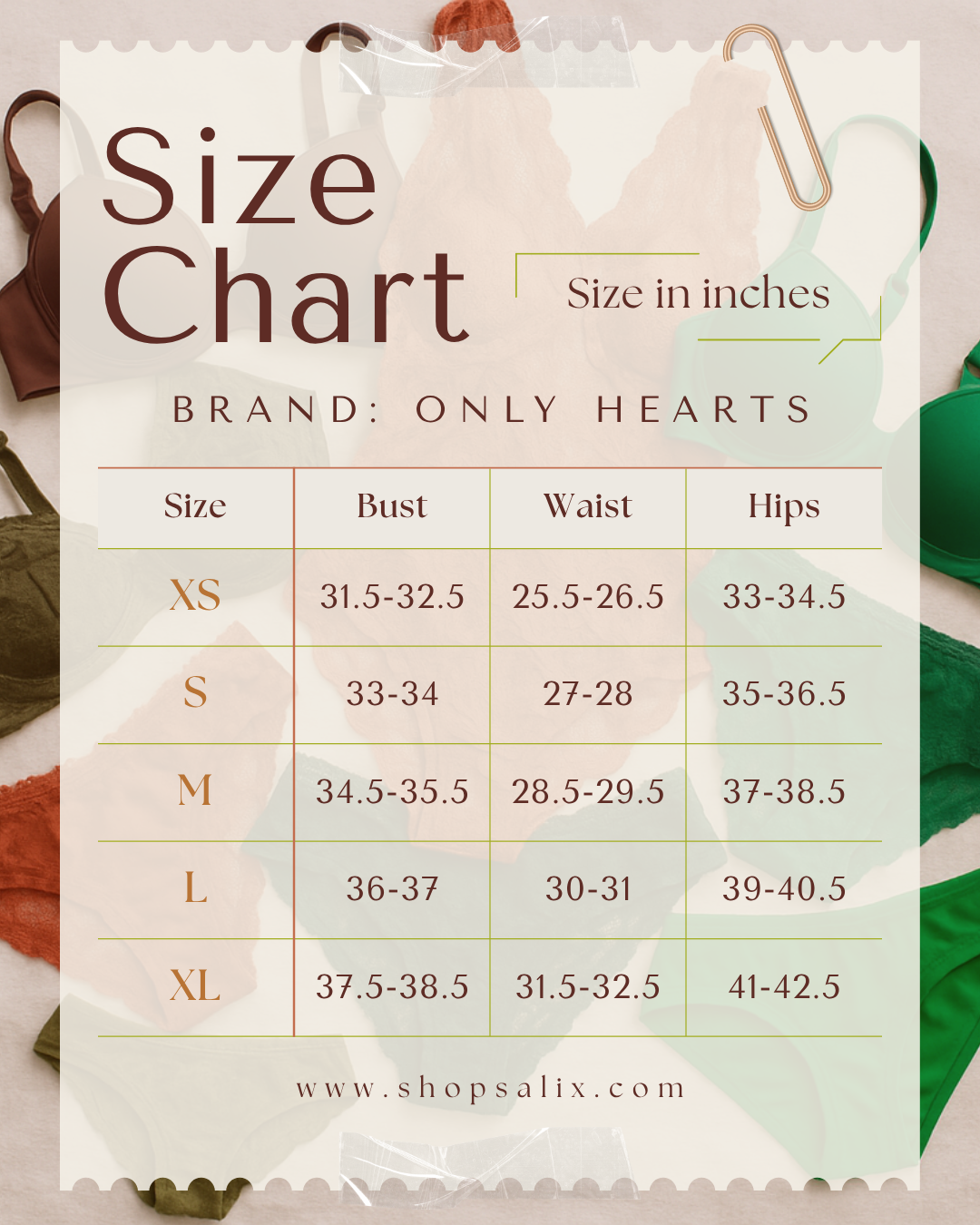 Only Hearts Size Chart